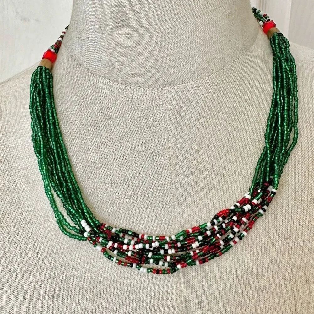 Red and green seed beaded multi strand necklace